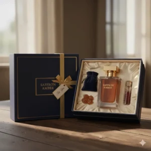 The elegant packaging and gift box for the saffron amber perfume, perfect for gifting to a fragrance enthusiast.