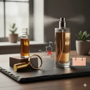 Diagram comparing concentrated perfume oil for men to alcohol-based sprays.