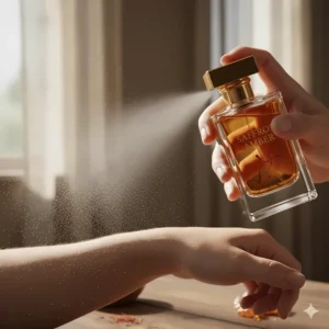 A model applying the saffron amber perfume on a wrist pulse point for maximum sillage and longevity.