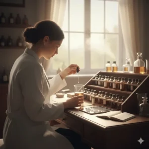 Perfumer carefully blending fragrance notes in a laboratory, emphasizing the skilled use of aldehydes in high-end perfume composition.
