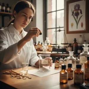 A perfumer in a lab carefully measuring or blending a liquid component of iris in perfume, emphasizing the ingredient's value and precision.