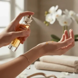 A person delicately applying a spritz of Amber White perfume to their pulse points on their wrist.