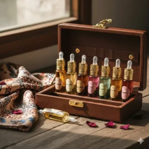 A collection of small, portable 3ml tolas of various Arabic perfume oil scents in a leather carrying case.