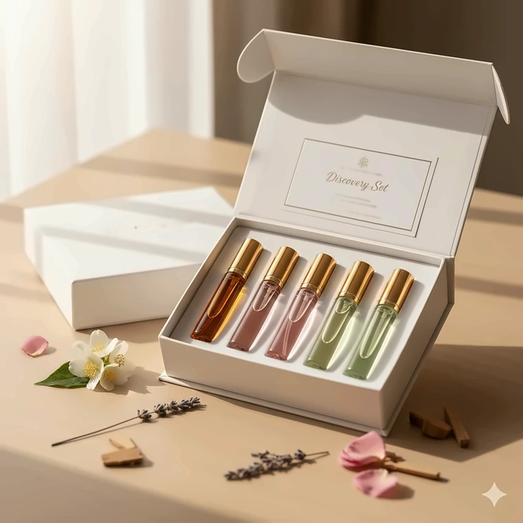 A collection of various roll on oil perfume scents in a gift box.