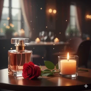 A stylized illustration of a perfume bottle next to a candle and a single red rose, perfect for romantic evening wear.