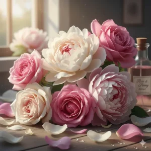 Illustration showing the delicate pink petals of rose and peony, common in romantic floral perfumes.