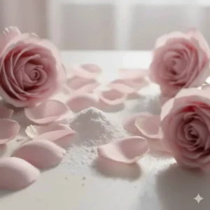 Pink rose petals mixed with fine rice powder, illustrating the texture of a powdery floral fragrance.