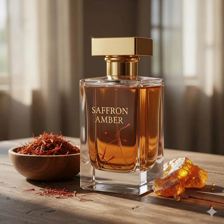 A luxurious bottle of saffron amber perfume, showcasing its rich, warm scent profile and elegant design.