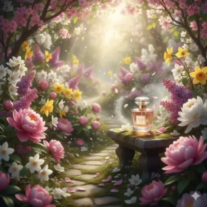 An artistic watercolor illustration of a sunny spring garden, evoking the scent profile of fresh floral perfumes.