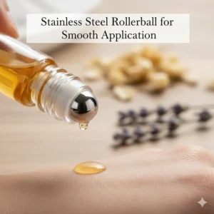 A detailed view of a stainless steel rollerball applicator on a roll on oil perfume bottle.