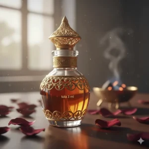 A decorative glass tola bottle containing amber-colored Arabic perfume oil, showing the standard Middle Eastern measurement.