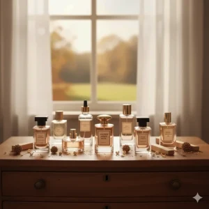 A curated collection of several small bottles featuring the best-selling musky women's perfumes of the year.