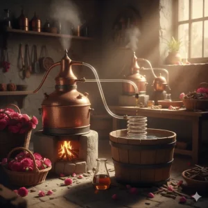 An illustration of the traditional steam distillation process used to extract pure Arabic perfume oils from botanical sources.