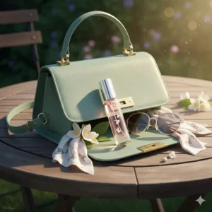 A small rollerball of fresh floral perfume for spring tucked into a pastel-colored leather handbag.