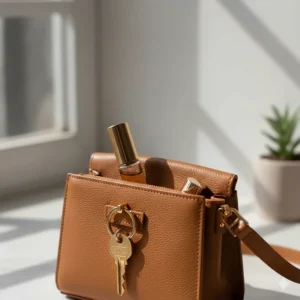 A compact roll on oil perfume tucked into a small leather handbag to show portability.