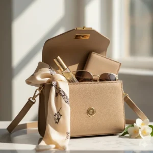 A portable rollerball perfume oil for women tucked into a small designer handbag.