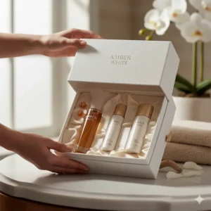 The exciting moment of unboxing a newly purchased Amber White Perfume, showing the premium packaging.