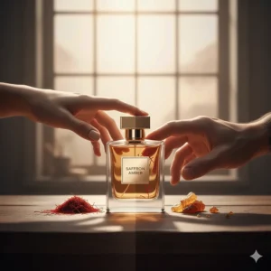 A stylish, gender-neutral representation, suggesting this saffron amber perfume is a versatile unisex fragrance.