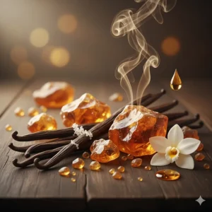 Stylized illustration of vanilla beans and amber resin representing common sweet fragrance pairings.