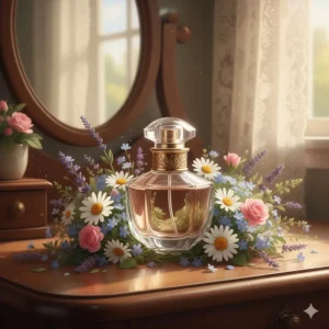 An elegant vintage-style glass perfume bottle surrounded by a wreath of wild floral blossoms.