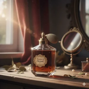 A classic or vintage glass perfume bottle with a dark amber liquid, reminiscent of the popular 1970s patchouli fragrances.