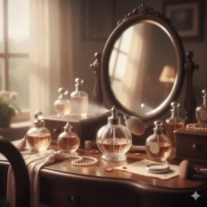 A classic vanity table with a crystal perfume atomizer, capturing the nostalgic scent of powdery florals.