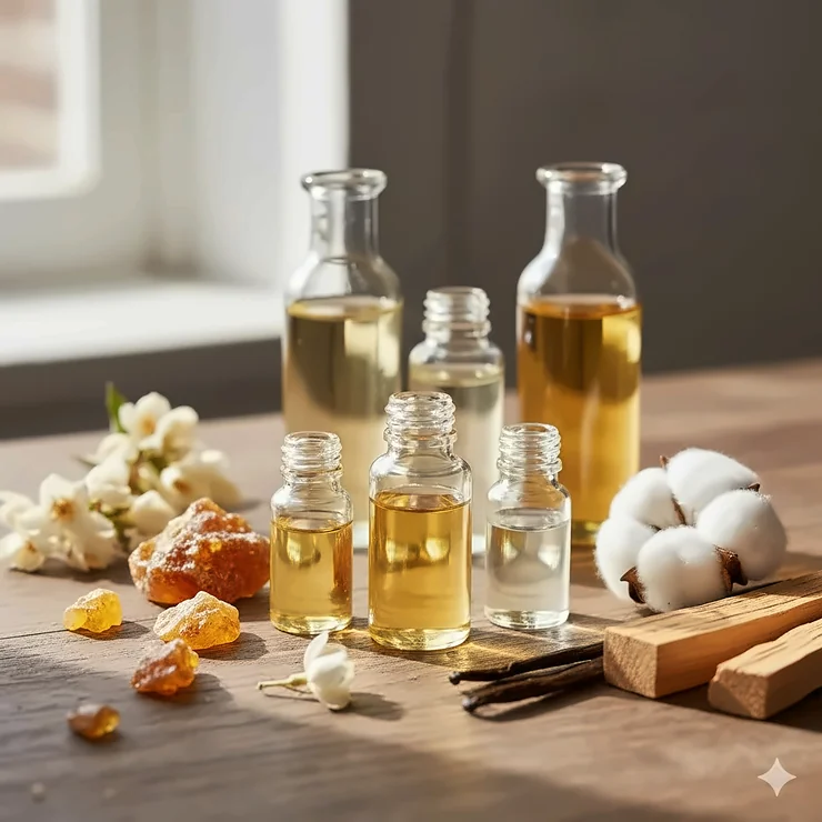 Closeup of the key ingredients and essential oils used to craft the unique blend of the Amber White perfume.