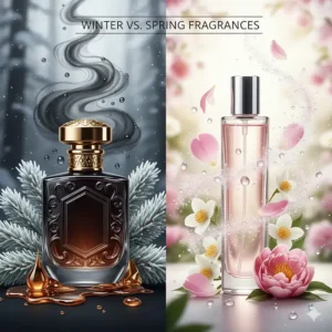 Comparison graphic showing a heavy winter oud bottle next to a light, airy fresh floral perfume for spring.