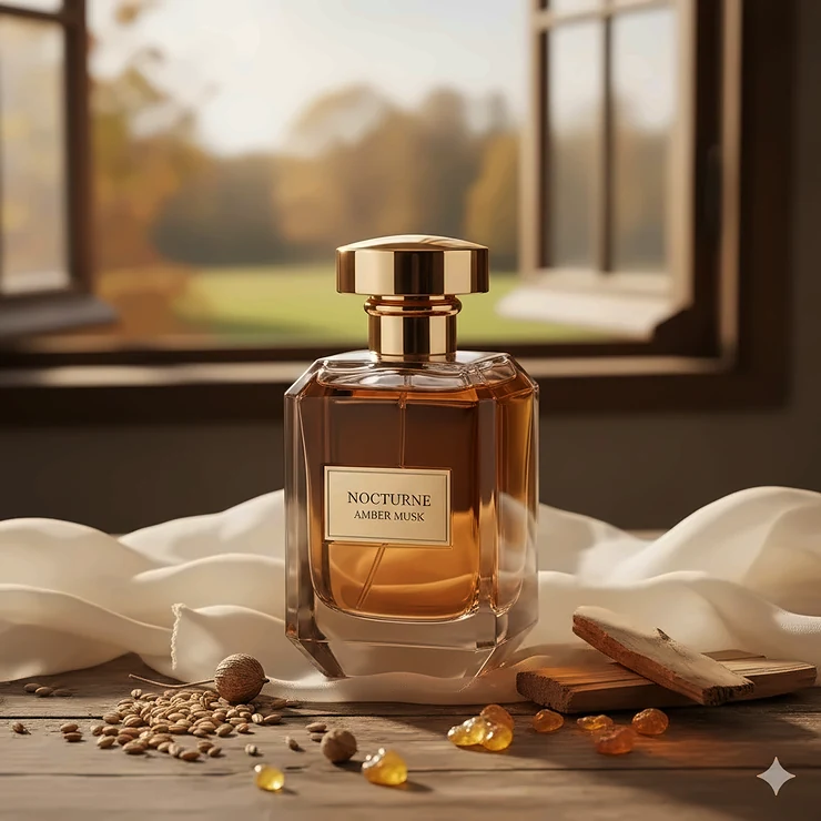 A featured image of a sleek bottle containing an elegant, musky women's perfume with notes of amber and vanilla. womens perfume musky