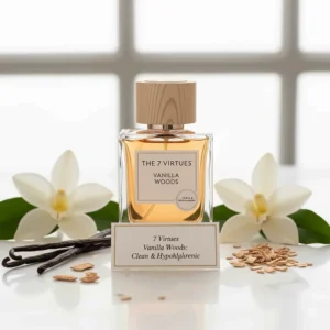 The 7 Virtues Vanilla Woods Eau de Parfum, a popular clean and hypoallergenic vanilla perfume for sensitive skin.