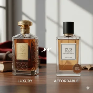 A side-by-side comparison of luxury and affordable oud fragrance bottles for men.