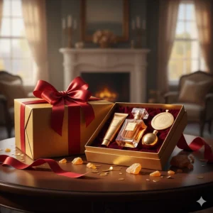 A beautifully wrapped gift box containing a signature amber perfume for women with a silk ribbon.