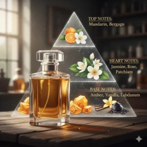 An illustration showing the fragrance pyramid of an amber perfume for women featuring vanilla, patchouli, and labdanum.