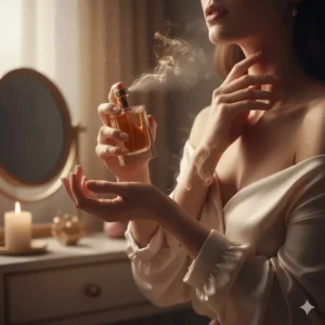 A woman applying sexy vanilla perfume to her wrist and neck for a long-lasting scent trail.