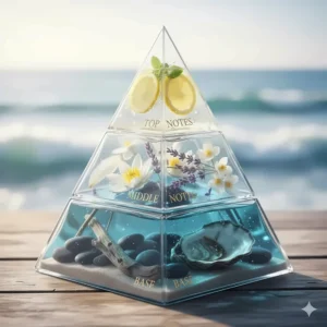 A diagram showing top, middle, and base notes of a typical aquatic perfume for women.