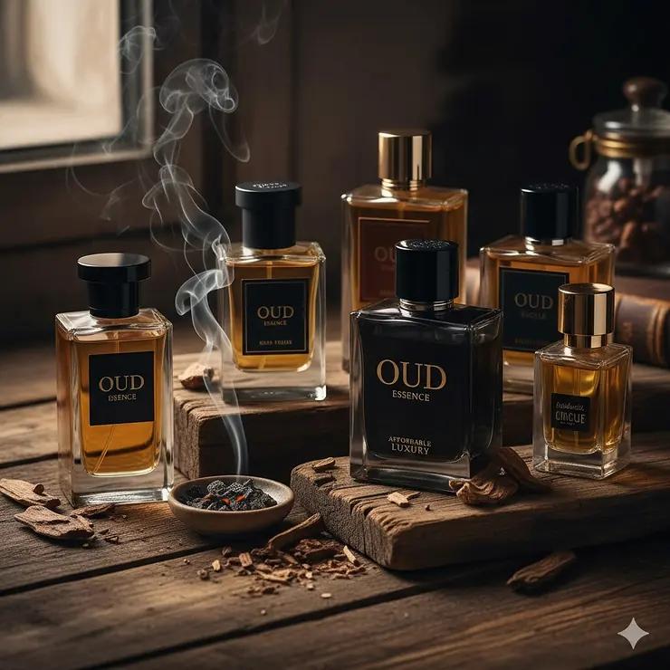 A collection of affordable oud fragrance bottles for men displayed on a rustic wooden surface with aromatic wood chips. oud fragrance men affordable