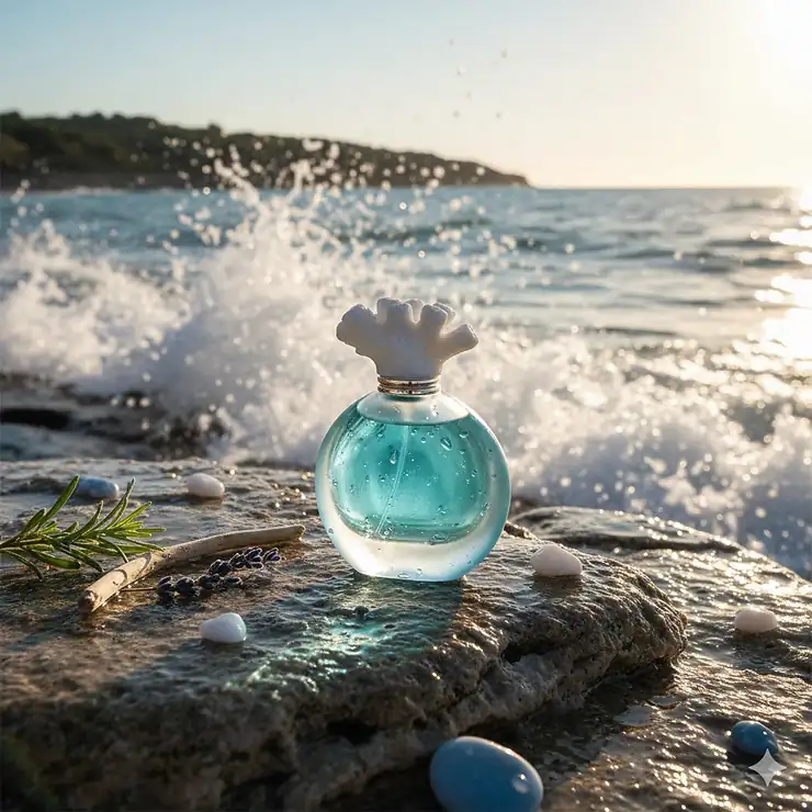 A luxury bottle of aquatic perfume for women resting on a sunlit rock with ocean waves splashing in the background.
