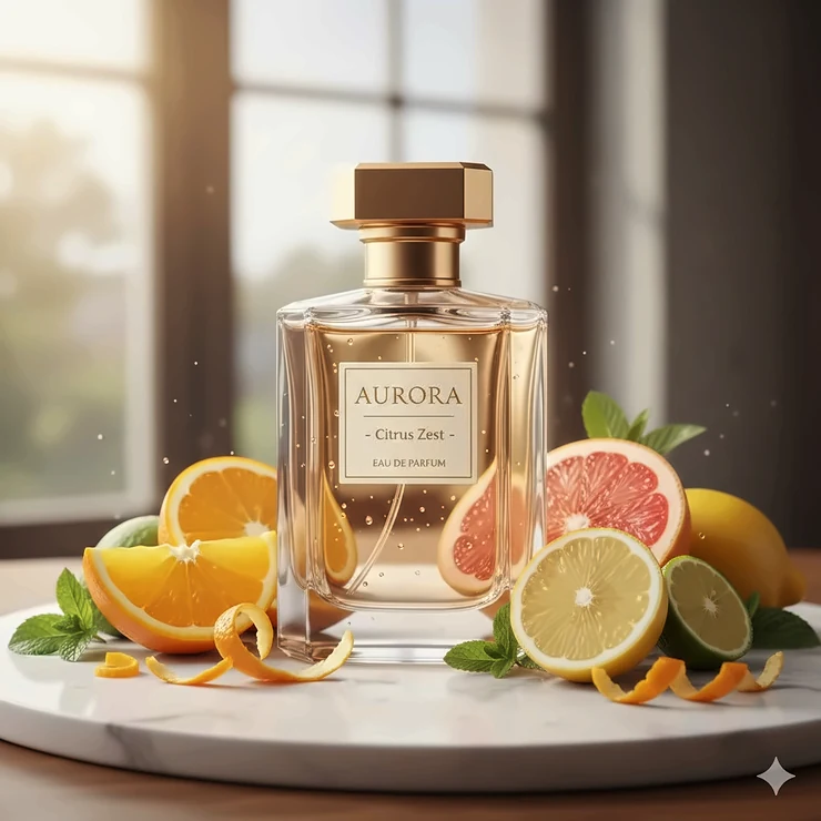 A luxury glass bottle of citrus cologne for men set against a backdrop of fresh sliced oranges and lemons on a marble surface. citrus cologne men