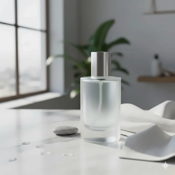 A minimalist glass perfume bottle sitting on a marble surface next to a white linen cloth, representing the best clean scent perfume.