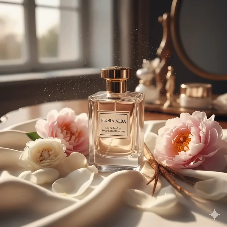 A luxury bottle of the best powdery floral perfume surrounded by white petals and fine silk, representing long-lasting elegance. long-lasting bold floral