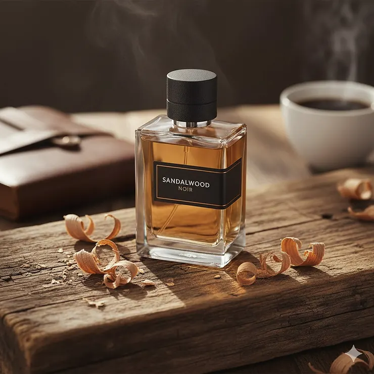 A premium glass bottle of sandalwood cologne for men placed on a rustic wooden surface with aromatic wood chips. sandalwood cologne men