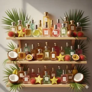 A professional perfume bottle showcase surrounded by fresh passion fruit and pineapple under bright natural light.