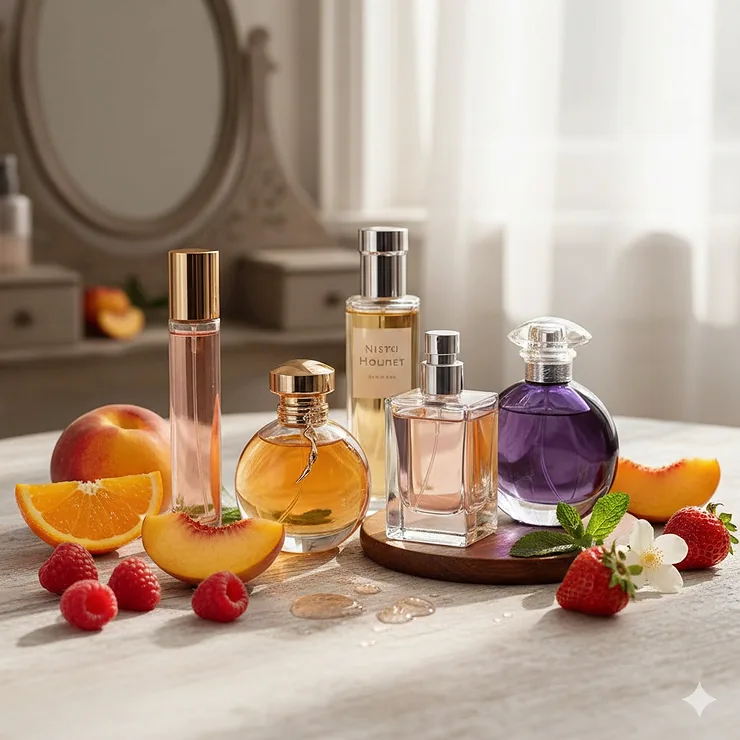 A curated collection of the best sweet fruity perfumes featuring elegant glass bottles with notes of berries and citrus.