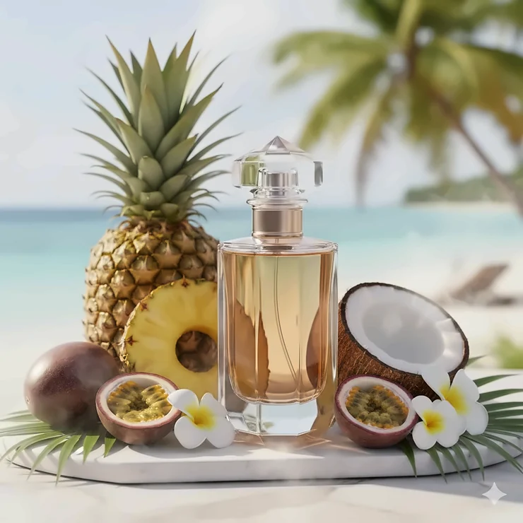 A luxury bottle of the best sweet fruity perfume surrounded by fresh sliced pineapple, coconut, and passion fruit on a sunlit marble surface. tropical fruit perfume women