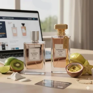 High-quality bottle of the best tropical fruit perfume for women on a white marble plinth with a turquoise ocean background.