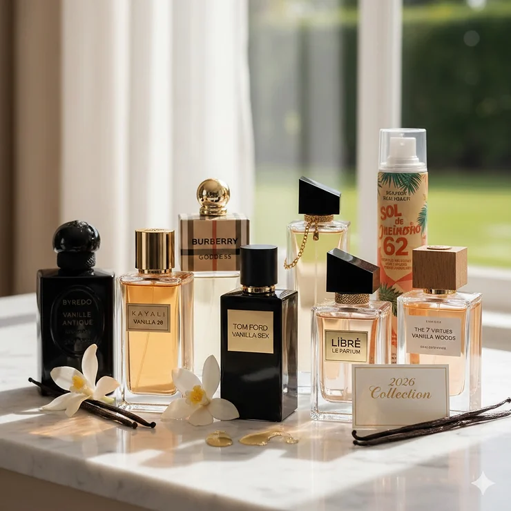 A curated collection of the best vanilla perfumes for women in 2026, including luxury and designer bottles on a marble surface with vanilla beans. best vanilla perfume for women
