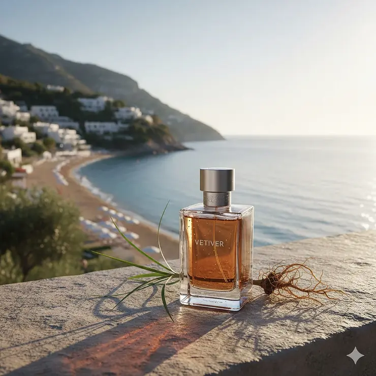 A luxury bottle of vetiver cologne placed on a sun-drenched stone ledge overlooking a Mediterranean beach. vetiver cologne for summer