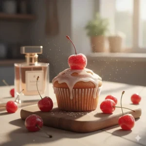 Bright illustration of a glazed cherry on top of a cupcake, representing fruity gourmand dessert perfume varieties.