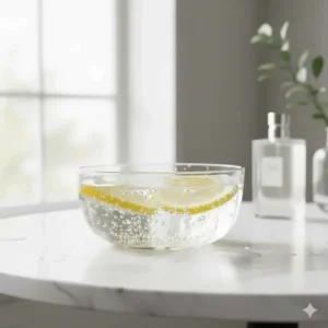 Sliced lemons and bergamot sitting in water, showing the bright citrus ingredients of a refreshing clean scent perfume.