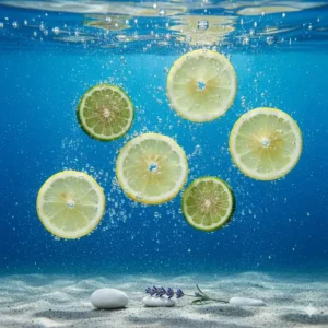 Graphic showing sliced bergamot and lemon submerged in clear blue water for a marine fragrance profile.